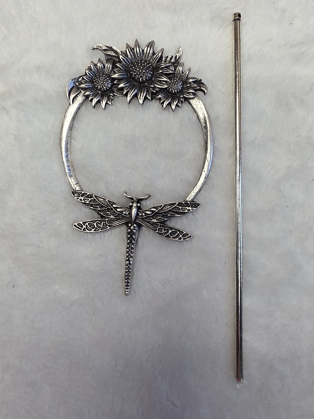 Silver Dragonfly Sunflower Shawl Hair Pin Stick Set